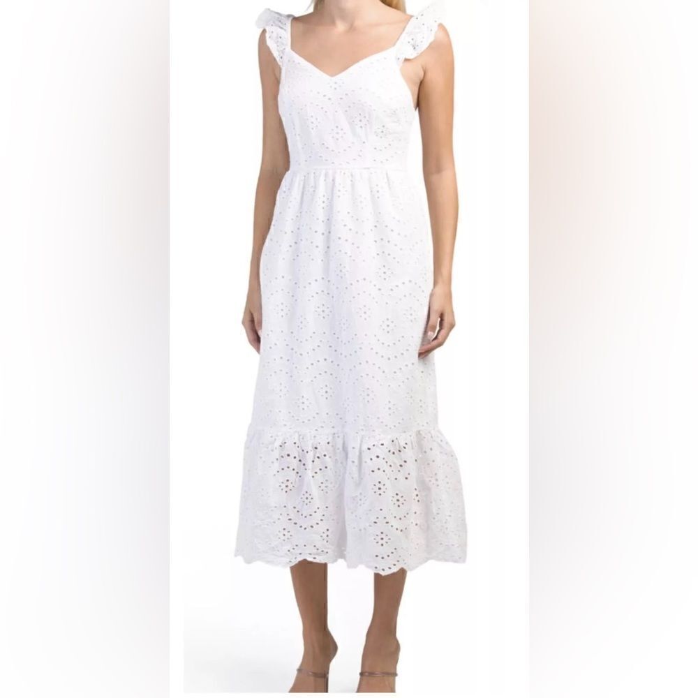 Sincerely Jules White Cotton Eyelet Ruffle Flowy Maxi MIDI  Dress